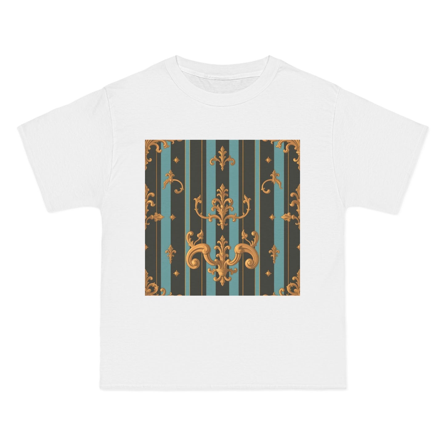 Elegant Vintage Pattern T-Shirt, Stylish Tee for Everyday Wear, Retro Design Shirt, Perfect Gift for Art Lovers - Black & Turquoise Striped Baroque