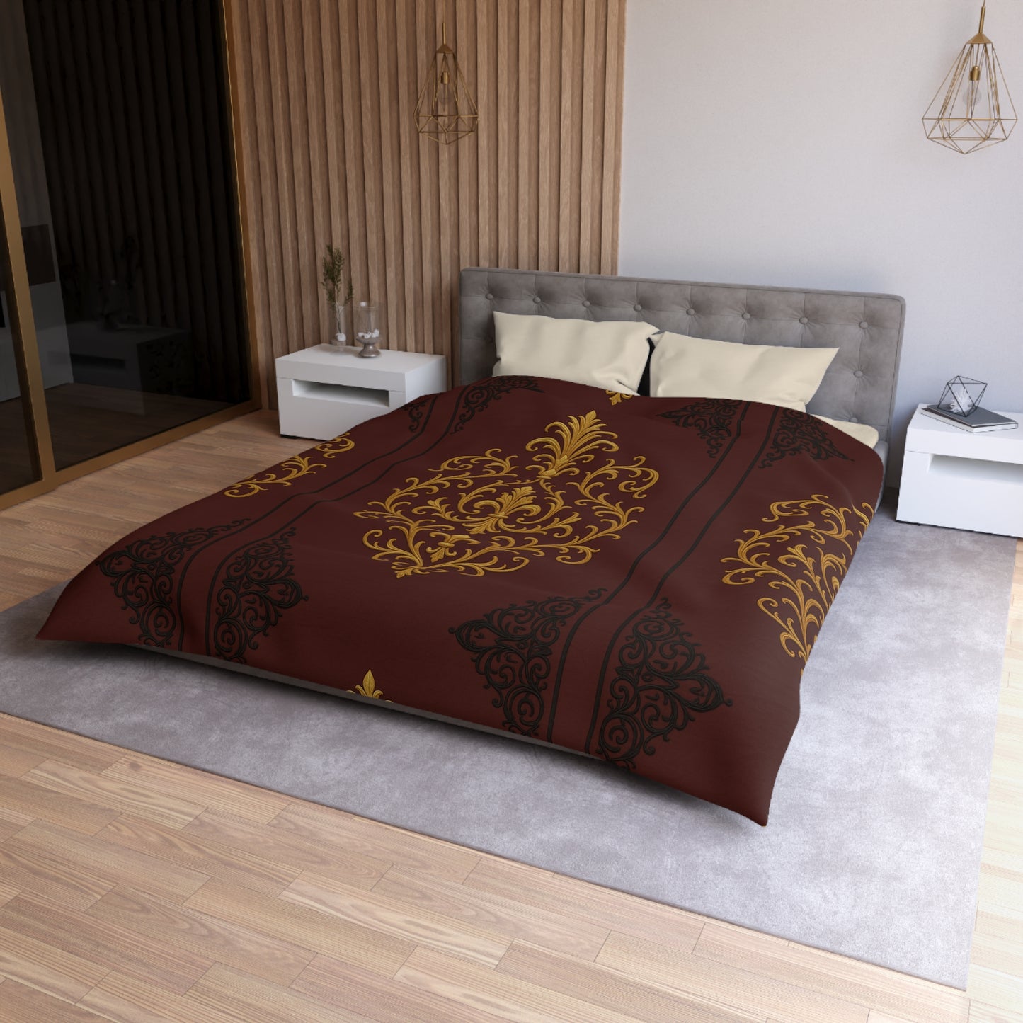 Dusk Burgundy-Black & Gold Baroque Duvet Cover - Regal Gold Baroque on Burgundy Microfiber