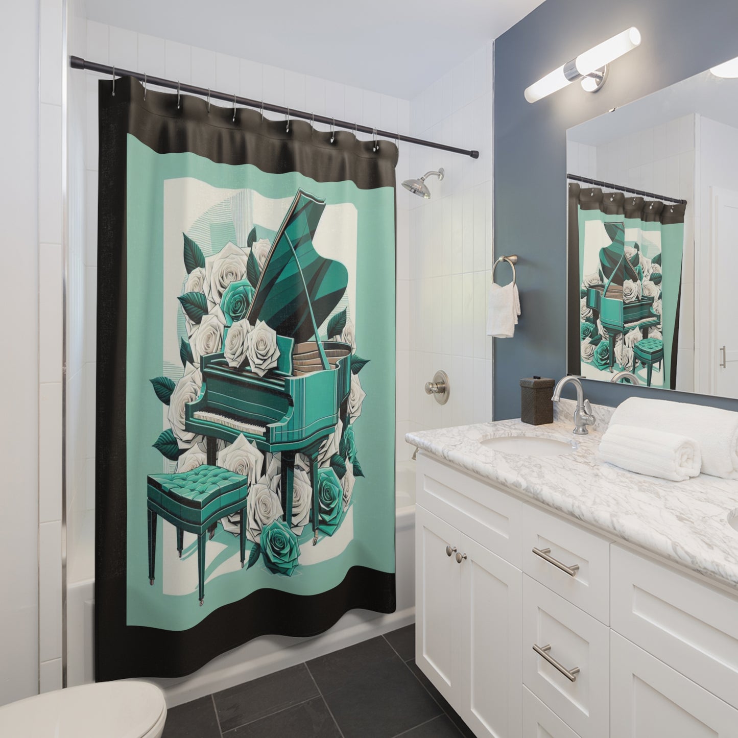 Elegant Aqua Piano Roses Shower Curtain - Stylish Bathroom Decor for Music Lovers