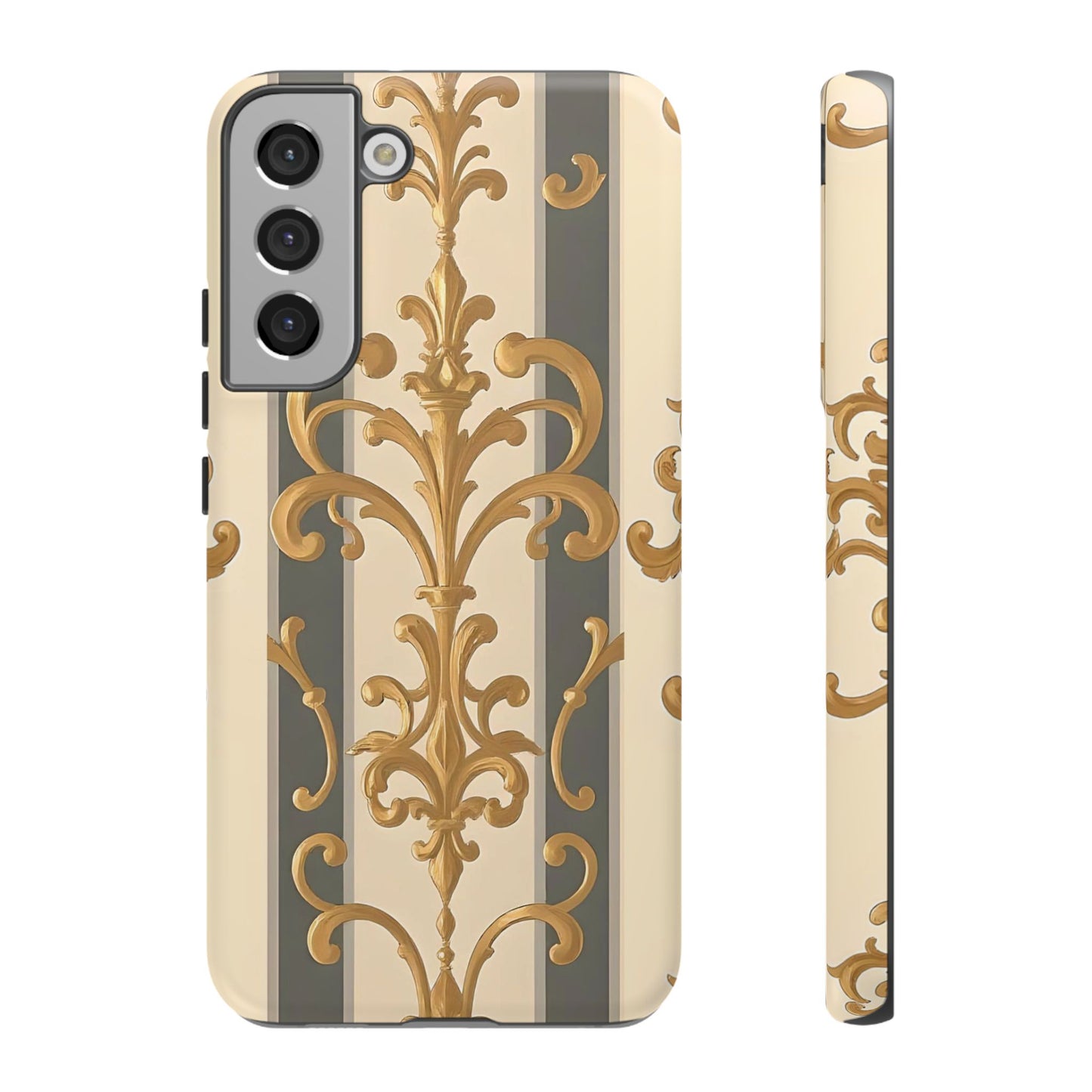 Elegant Floral Motif Phone Case - Tough Cases with Vintage Design - Dusk Olive Striped Gold Damask