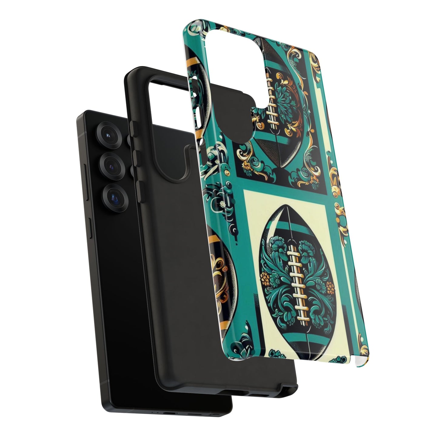 Elegant Floral Motif Phone Case - Tough Cases with Vintage Design -  Damask Teal, Gold & Black Footballs