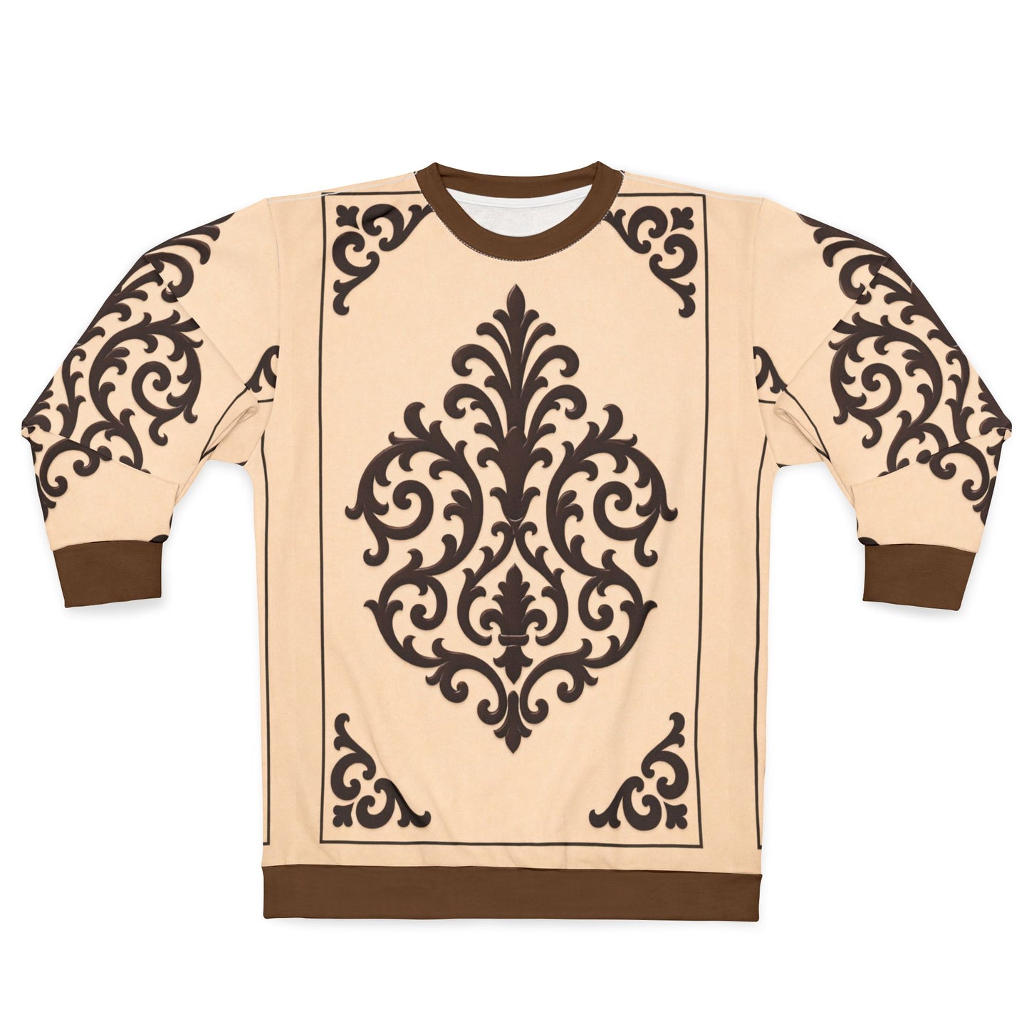 Almond-Beige & Brown Baroque Sweatshirt – Vintage Scroll All-Over Print Crewneck