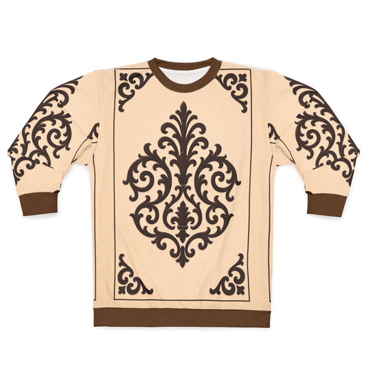 Almond-Beige & Brown Baroque Sweatshirt – Vintage Scroll All-Over Print Crewneck