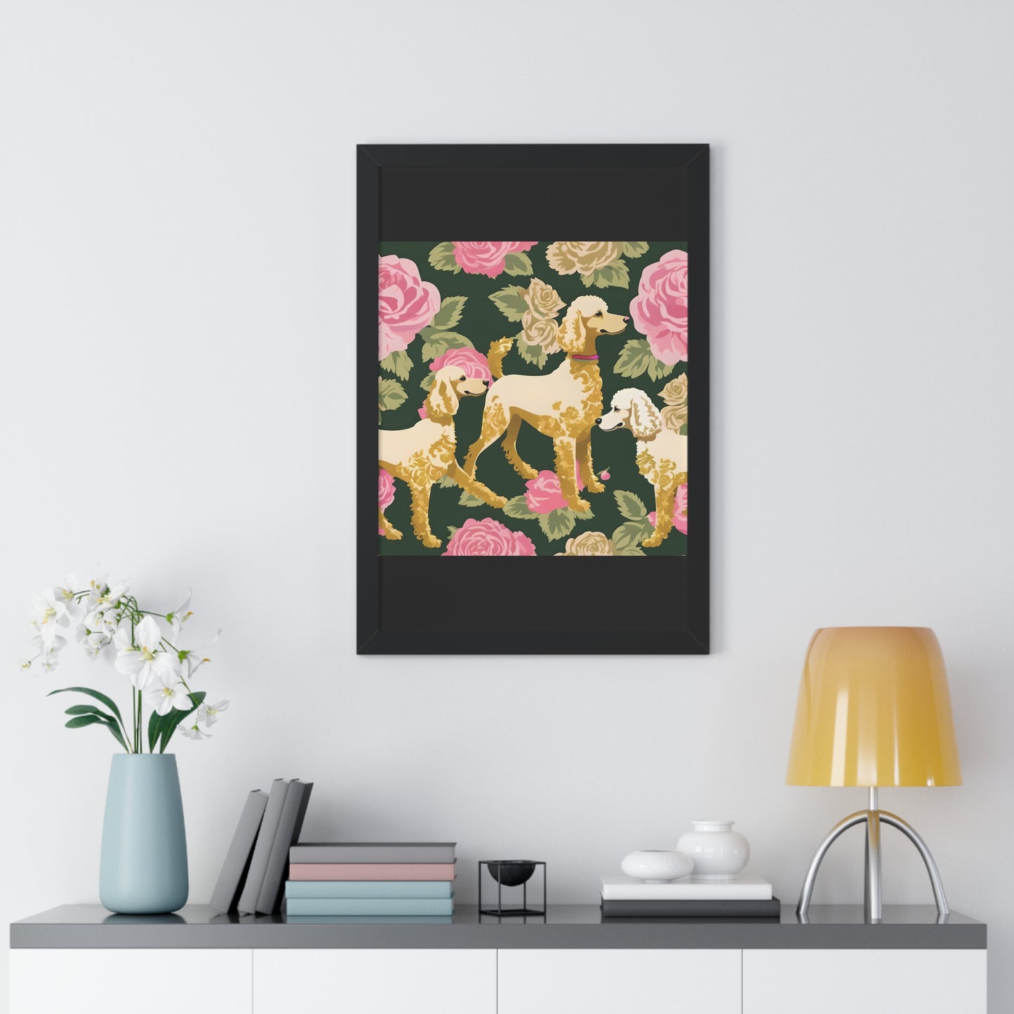Vertical Poster - Stylish Framed - Art for Home Decor - Poodles In Dark Green & Pink Roses