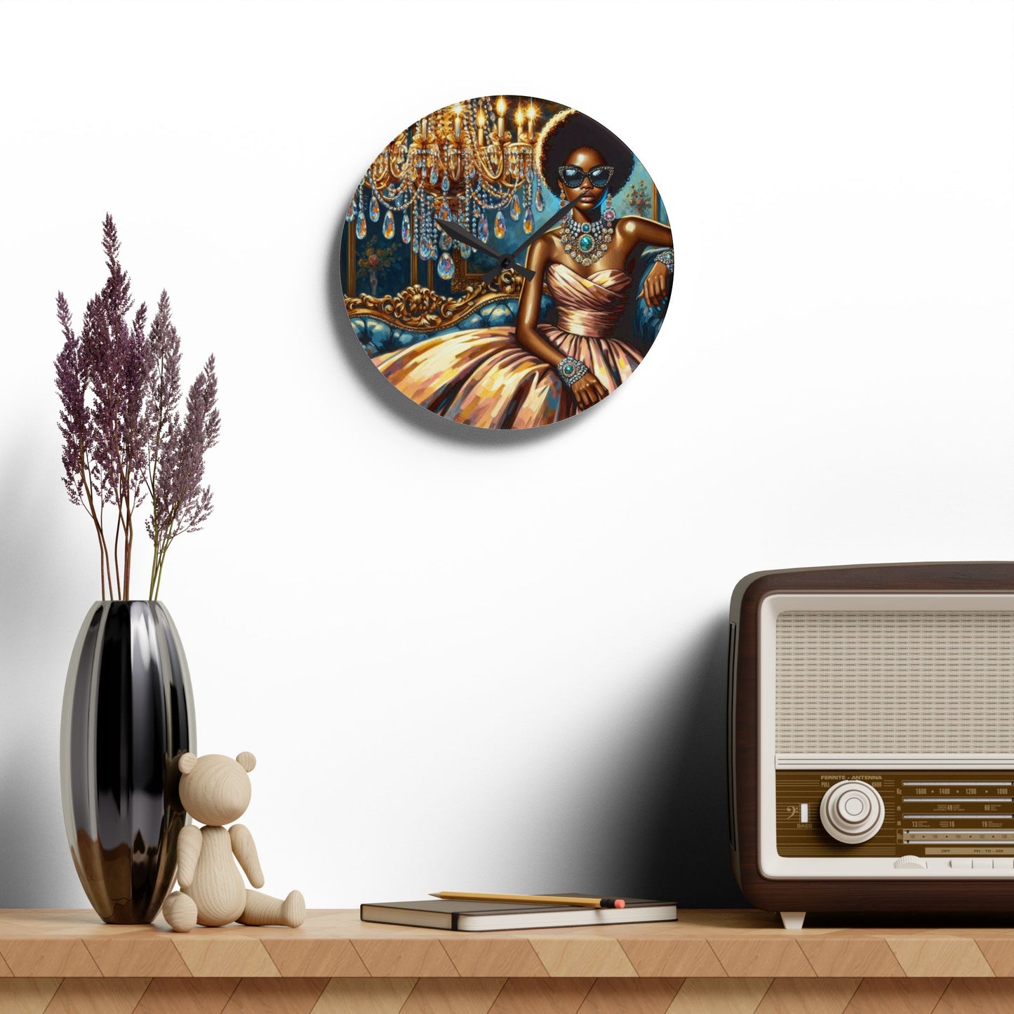 Elegant Acrylic Wall Clock with Glamorous Lady Design, Chic Home Decor, Modern Office Accent, Unique Gift Idea - Elegant Lady & Chandelier