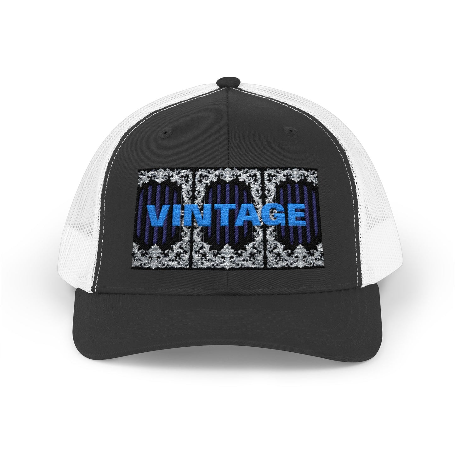 Vintage Navy Stripes & Baroque Trucker Cap — Retro 'VINTAGE' Embroidered Snapback