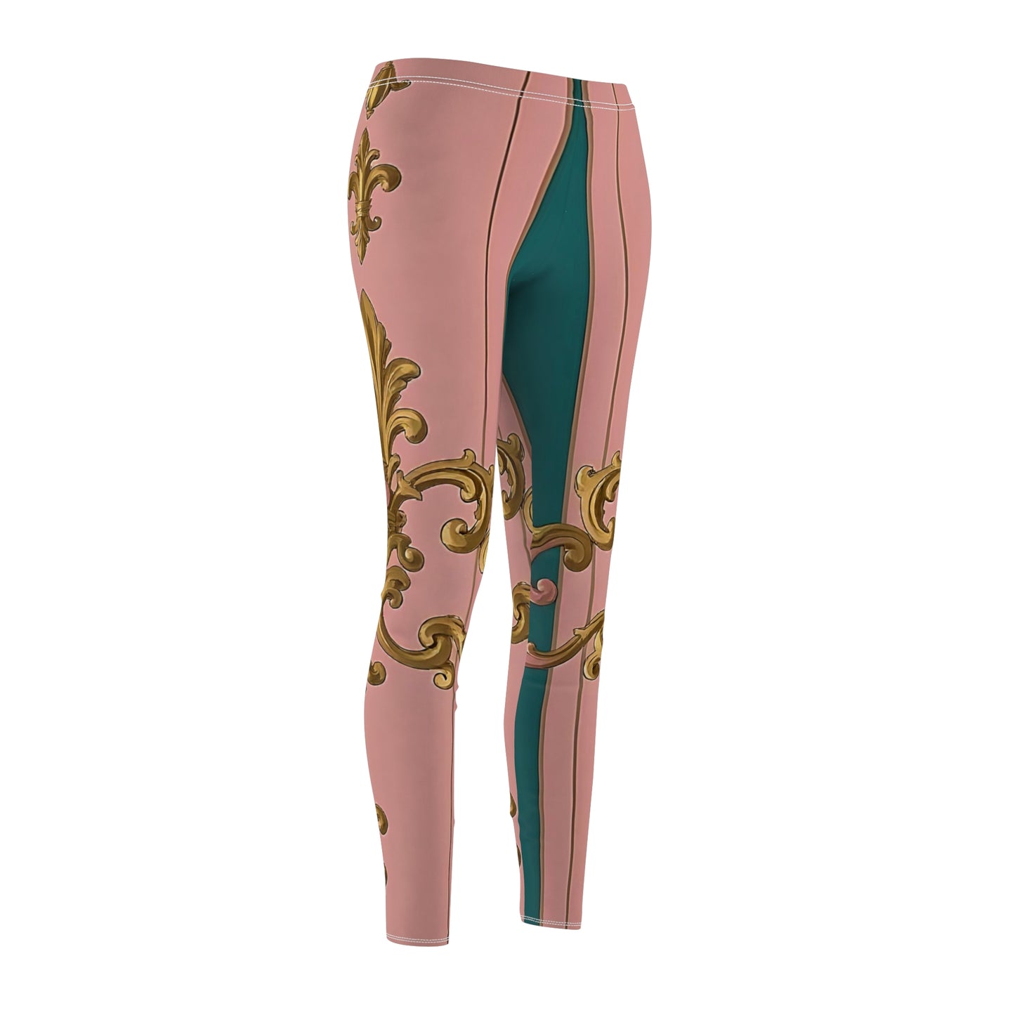Elegant Floral Leggings, Stylish Activewear, Casual Outfits, Comfortable Yoga Pants - Pink & Teal Striped Gold Baroque