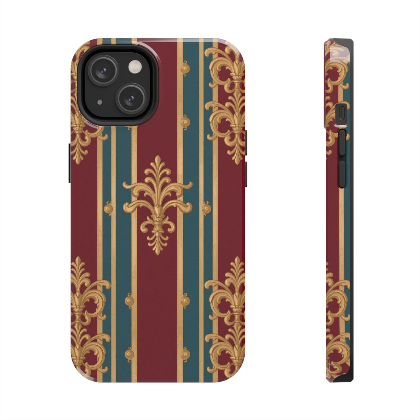 Elegant Vintage Tough Phone Case, Luxury Phone Protection, Stylish Phone Cover, Durable Phone Accessory - Burgundy Striped Gold Baroque