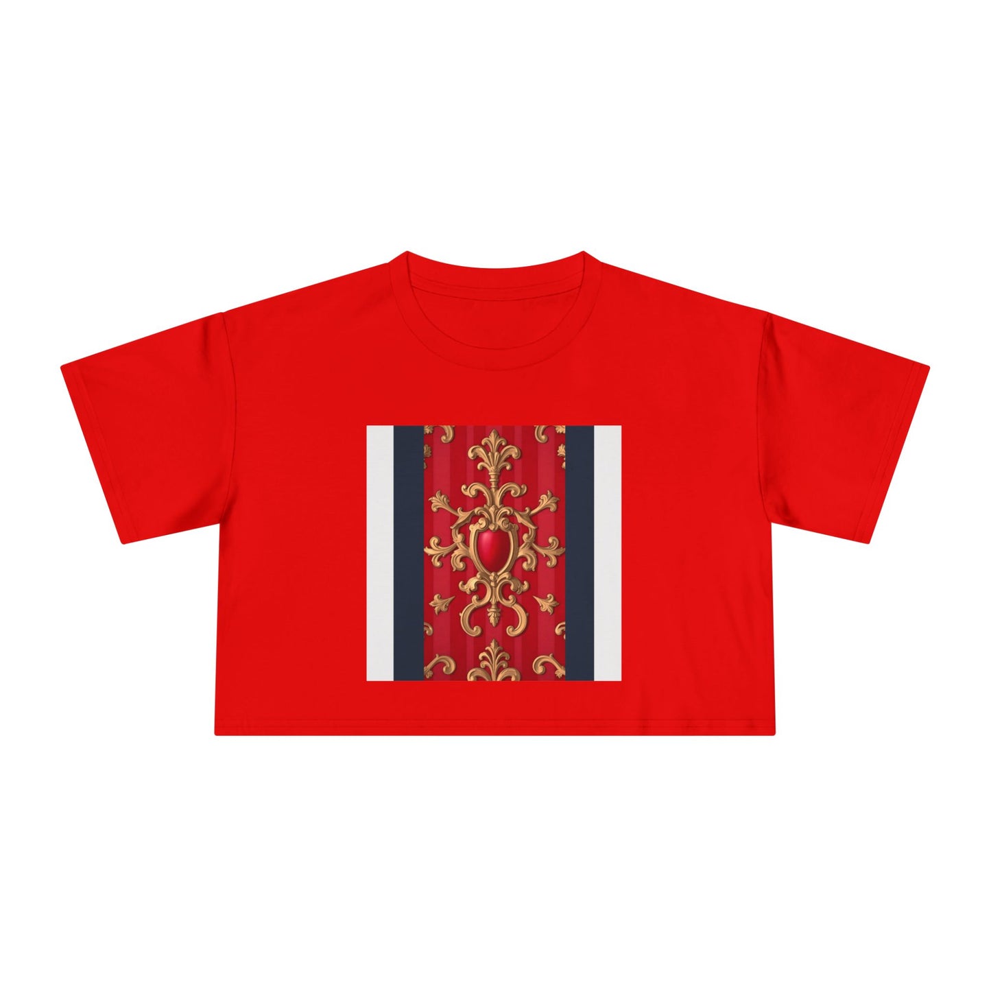 Women's Vintage Floral Crop Tee, Casual Summer Top, Bohemian Fashion, Trendy T-Shirt, Vacation Outfit - Blue, Red & White Striped Baroque