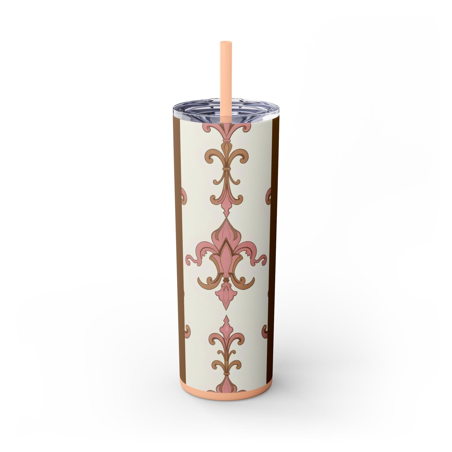 Elegant Floral Skinny Tumbler, 20oz Drinkware, Stylish Travel Mug, Wedding Gift, Personalized Gift, Eco-Friendly Cup - Brown Striped Pink Arabesque