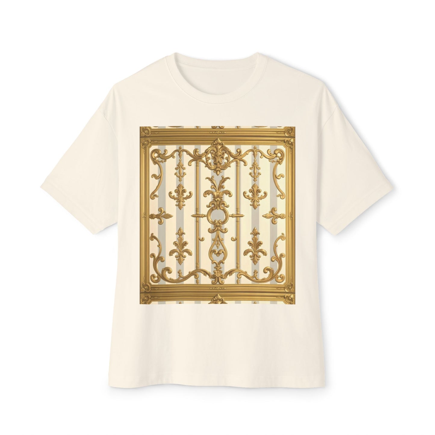 Golden Art Unisex Oversized Tee, Graphic Tee, Trendy Streetwear, Casual Shirt - Matte Gray & Cream Striped Gold Baroque