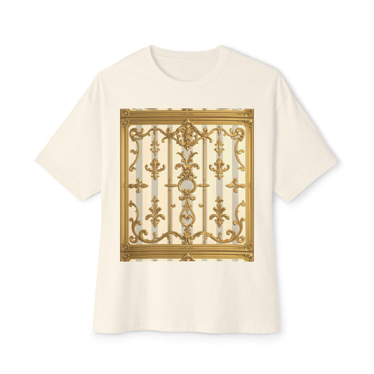 Golden Art Unisex Oversized Tee, Graphic Tee, Trendy Streetwear, Casual Shirt - Matte Gray & Cream Striped Gold Baroque