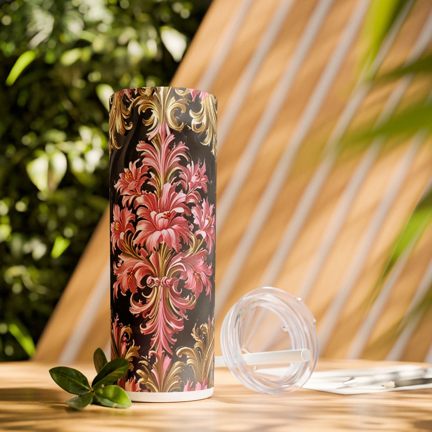 Chic Floral Skinny Tumbler with Straw, 20oz - Elegant Drinkware for Tea Lovers, Travel Mugs, Gifts for Her - Black & Pink Oil Painting Style Rococo