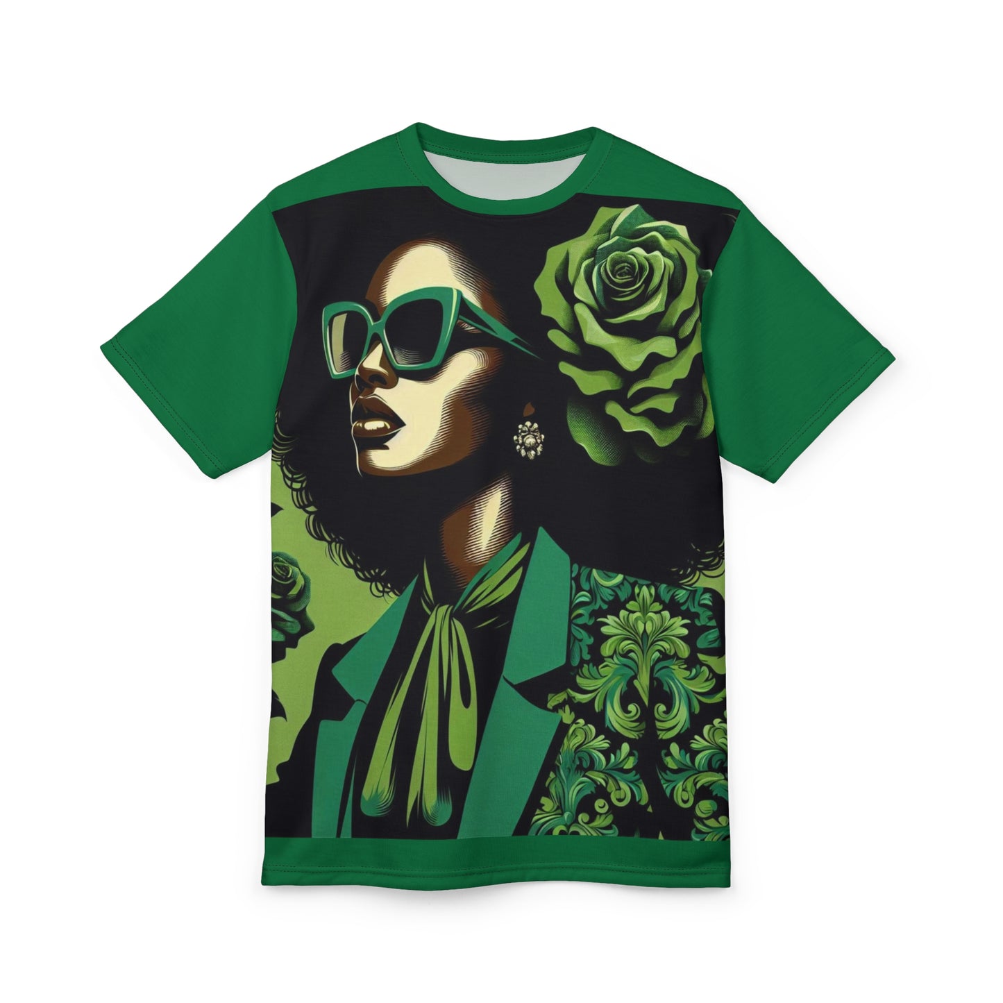 Chic Floral Unisex Tee, Stylish Green Graphic Shirt, Fashion Statement Top, Unique Gift for Fashion Lovers, Casual Wear - Lady in Green Damask