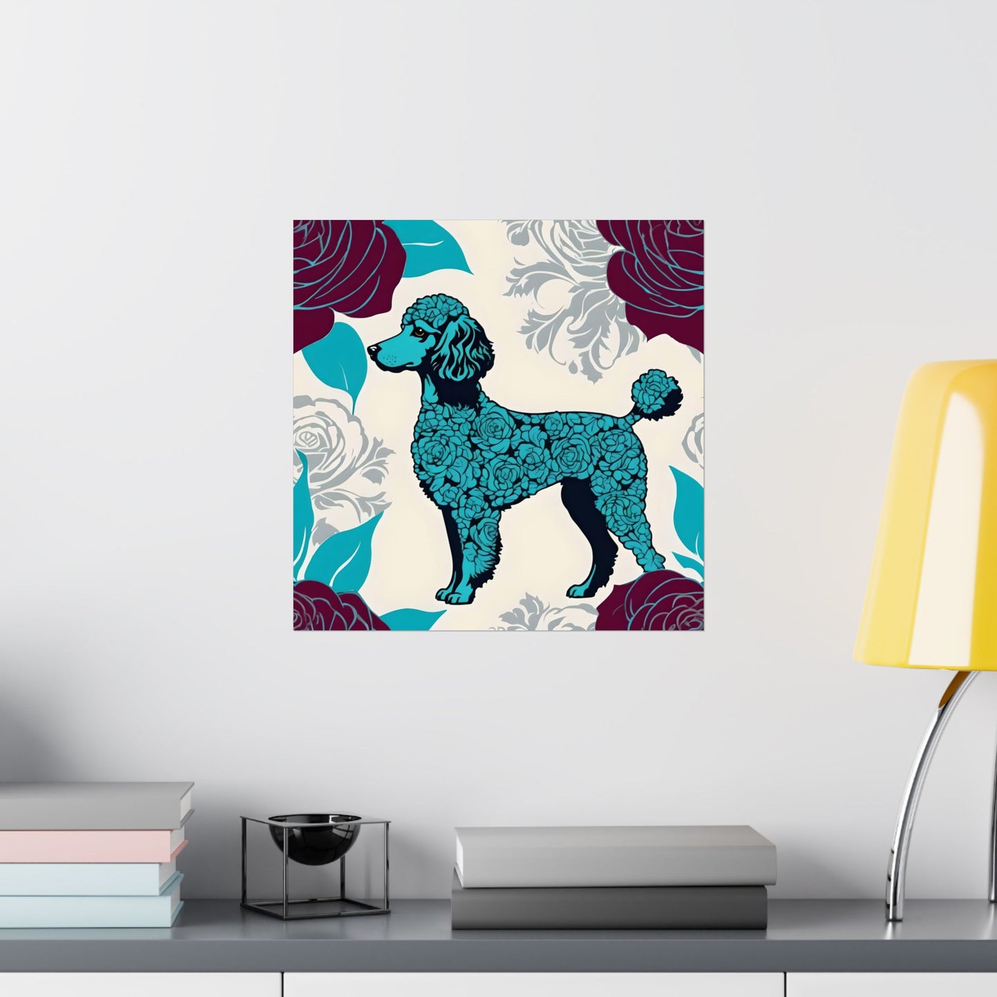 Vertical Poster - Elegant Matte Floral Art Wall Decor - Rose Inspired Turquoise Poodle With Burgundy Roses