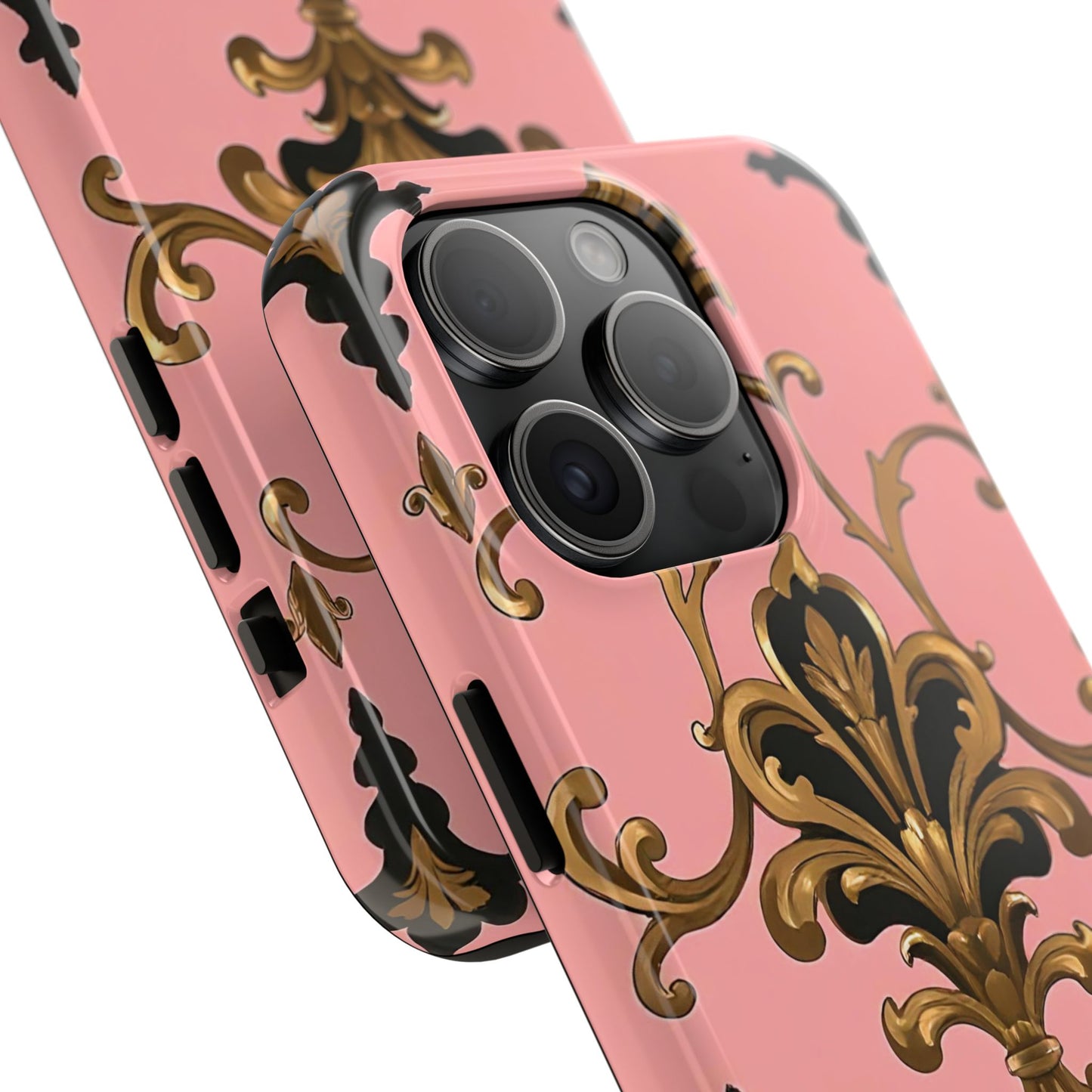 Chic Tough Phone Cases with Floral Design, Elegant Phone Cover, Durable Smartphone Case, Stylish Tech Accessory - Pink, Black & Gold Rococo