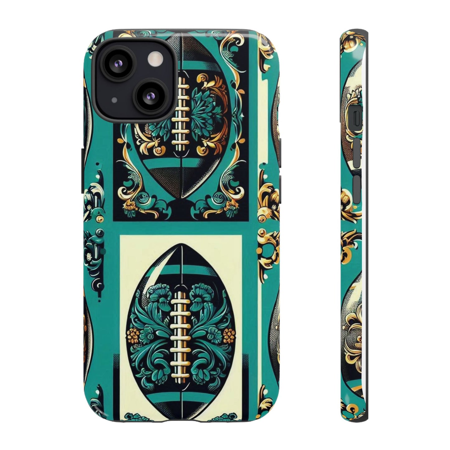Elegant Floral Motif Phone Case - Tough Cases with Vintage Design -  Damask Teal, Gold & Black Footballs