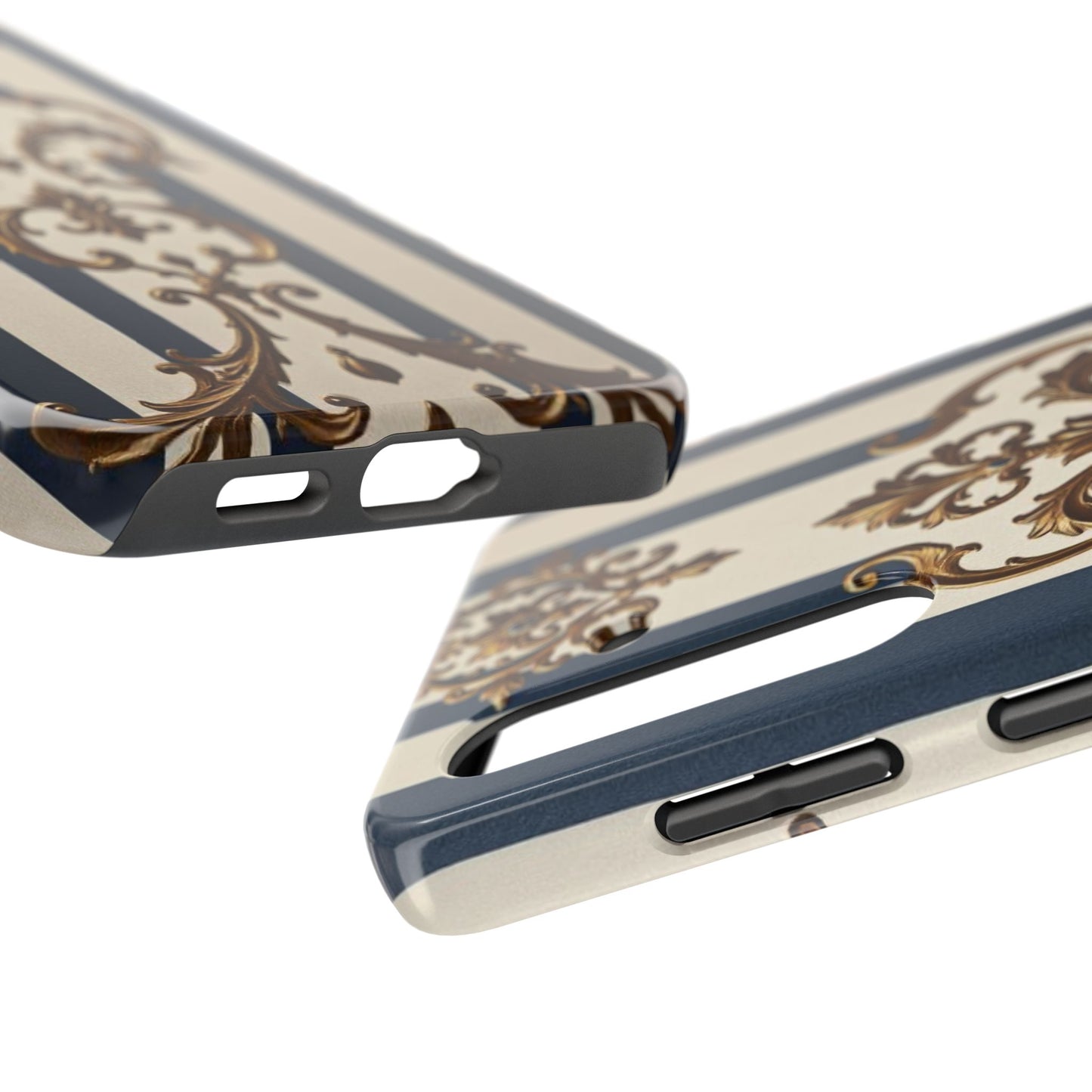 Damask Tough Phone Case - Alabaster & Blue Striped Damask