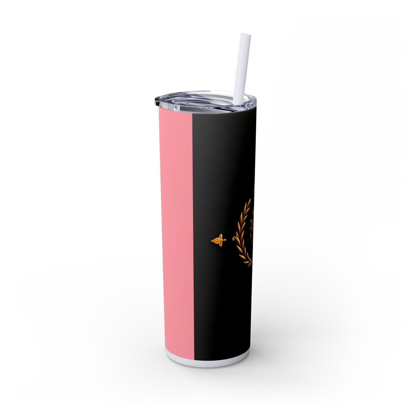 Elegant Royal Themed Skinny Tumbler, Chic Drinkware for Parties, Daily Hydration, Gifts for Her, Travel Mug, Reusable Straw - Pink Striped Gold Crest