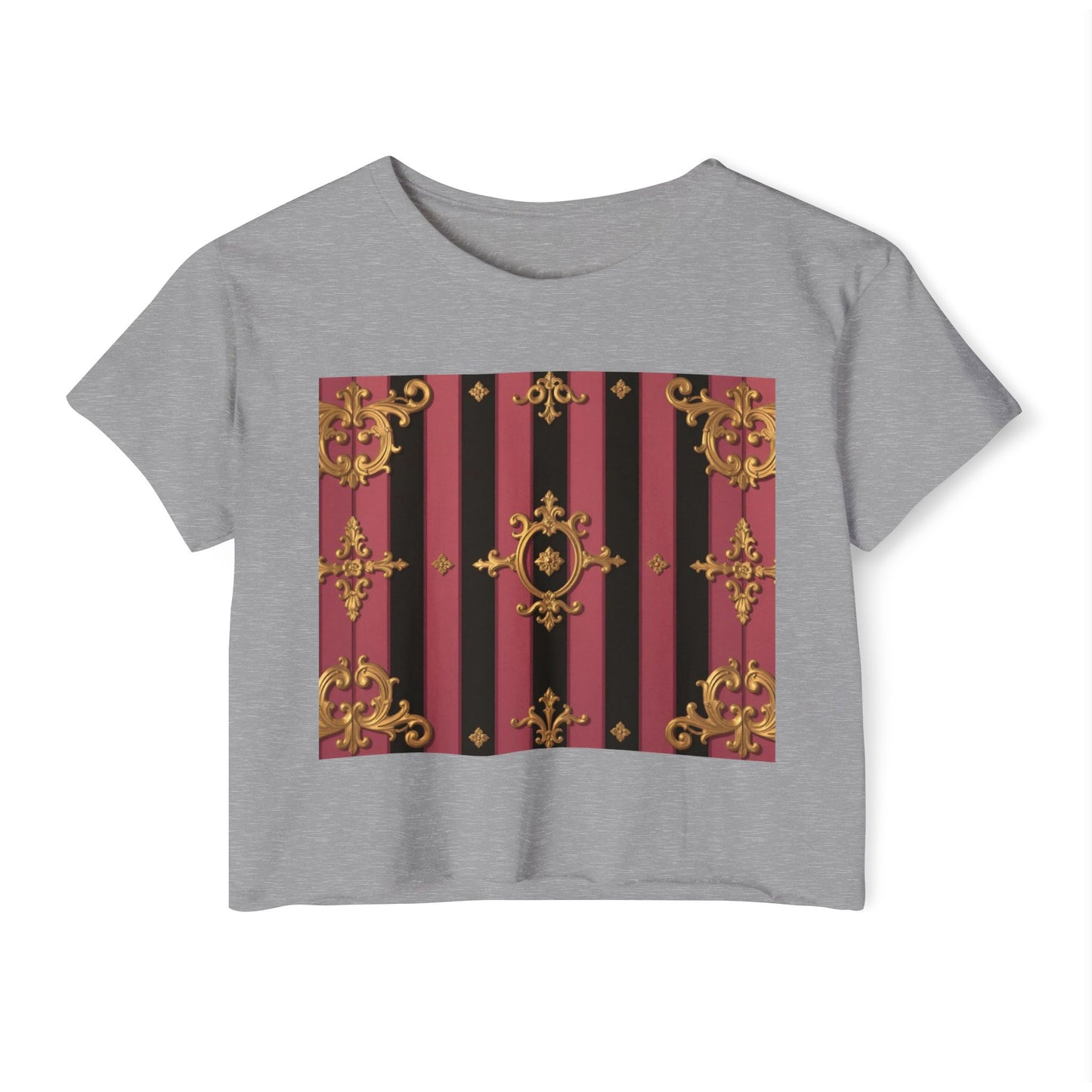 Festival Ready Black & Mauve Striped Gold Baroque Women's Crop Top | Elegant Chic, Summer Fashion, Music Festival Apparel
