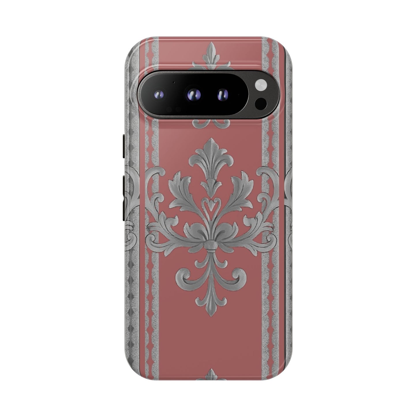 Elegant Floral Phone Case - Tough Cases for Stylish Protection - Gray & Mauve Striped Baroque
