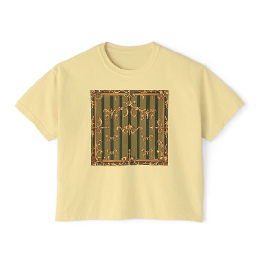 Stylish Women's Boxy Tee with Vintage Floral Design, Perfect for Summer Vibes, Casual Outings, Gift for Her - Olive Green Striped Rococo