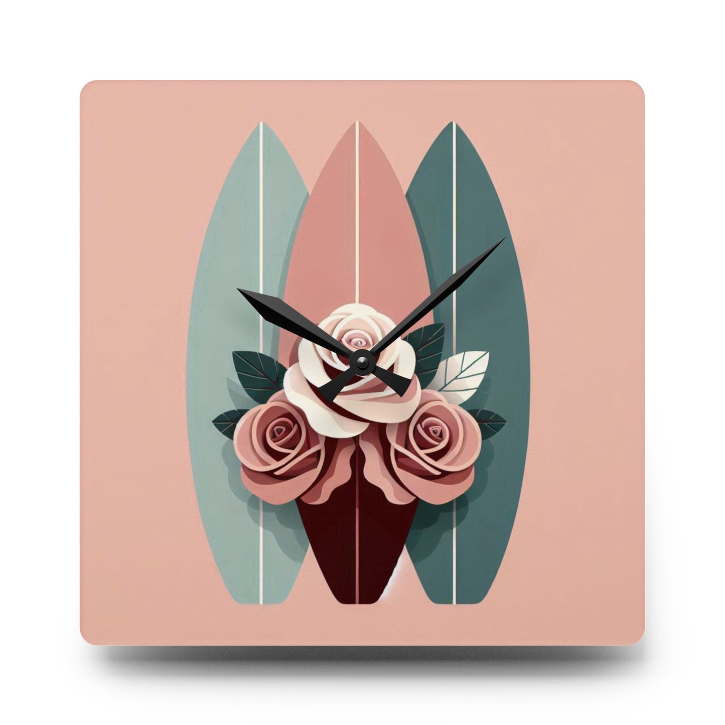 Bohemian Surf-Inspired Acrylic Wall Clock with Floral Design - Burgundy, Matte Mauve & Teal Surfboard & Roses Design