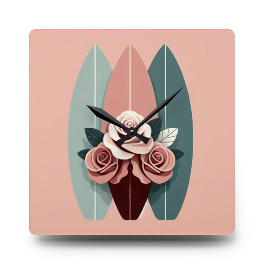 Bohemian Surf-Inspired Acrylic Wall Clock with Floral Design - Burgundy, Matte Mauve & Teal Surfboard & Roses Design