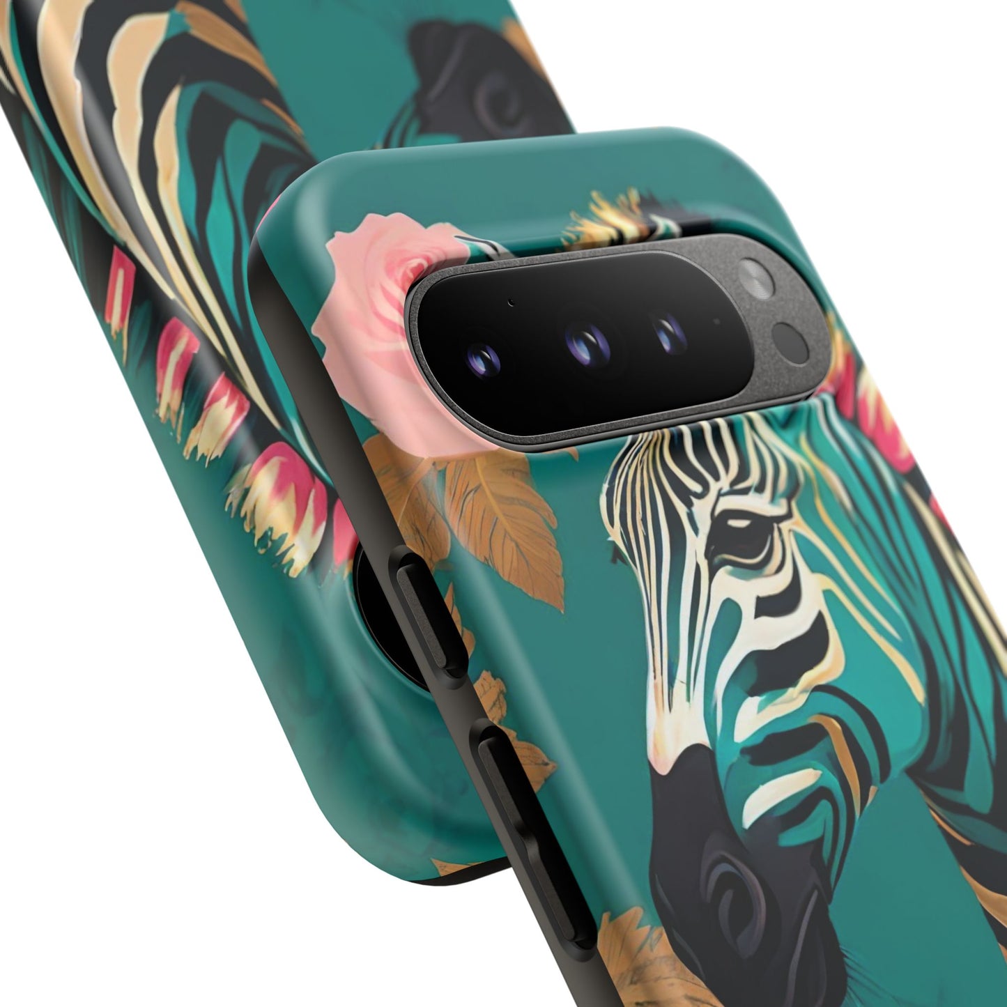Phone Case - Elegant Teal & Gold Zebra & Roses Design