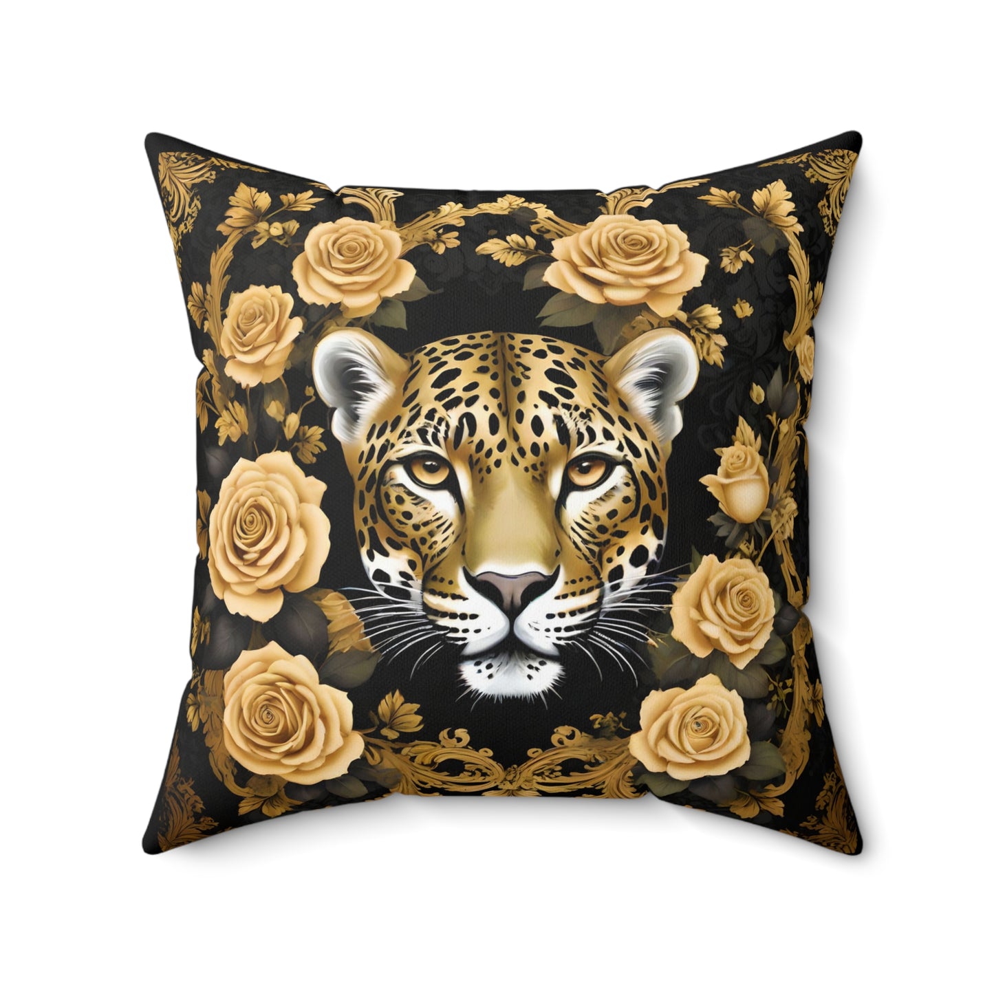 Luxurious Leopard & Roses Decorative Pillow - Gold Leopard