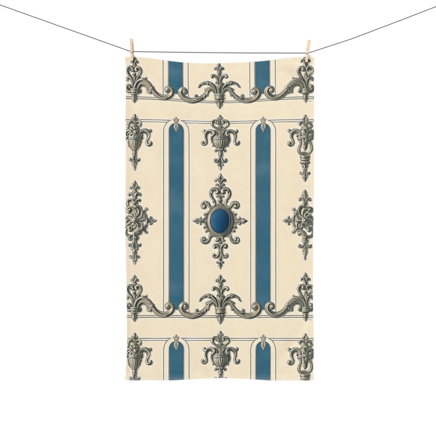 Elegant Vintage Hand Towel with Ornate Design - Alabaster & Ocean Blue Baroque
