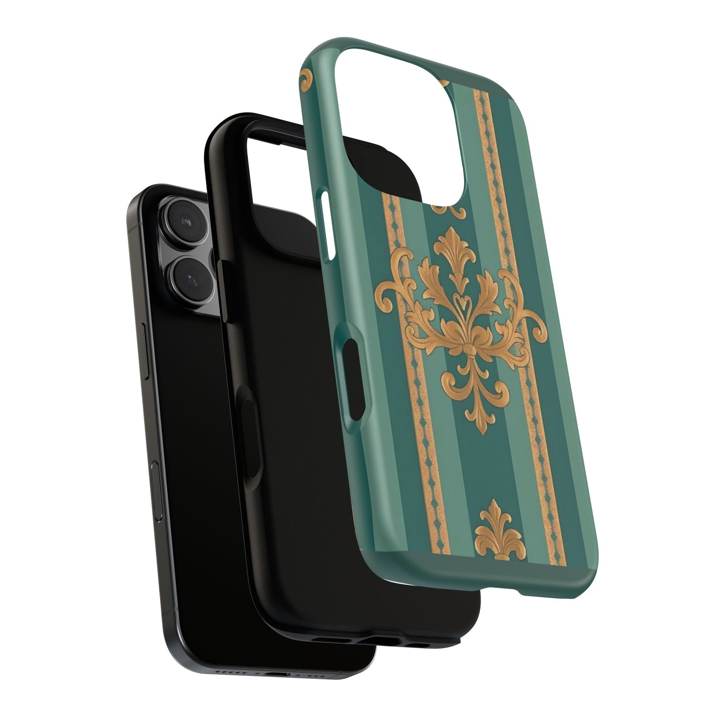 Elegant Floral Motif Phone Case - Tough Cases with Vintage Design - Teal Striped Gold Damask