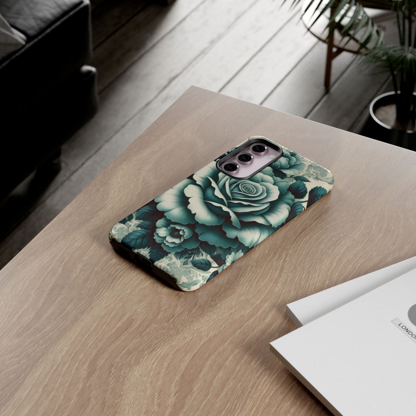 Elegant Floral Motif Phone Case - Tough Cases with Vintage Design - Teal Roses & Damask