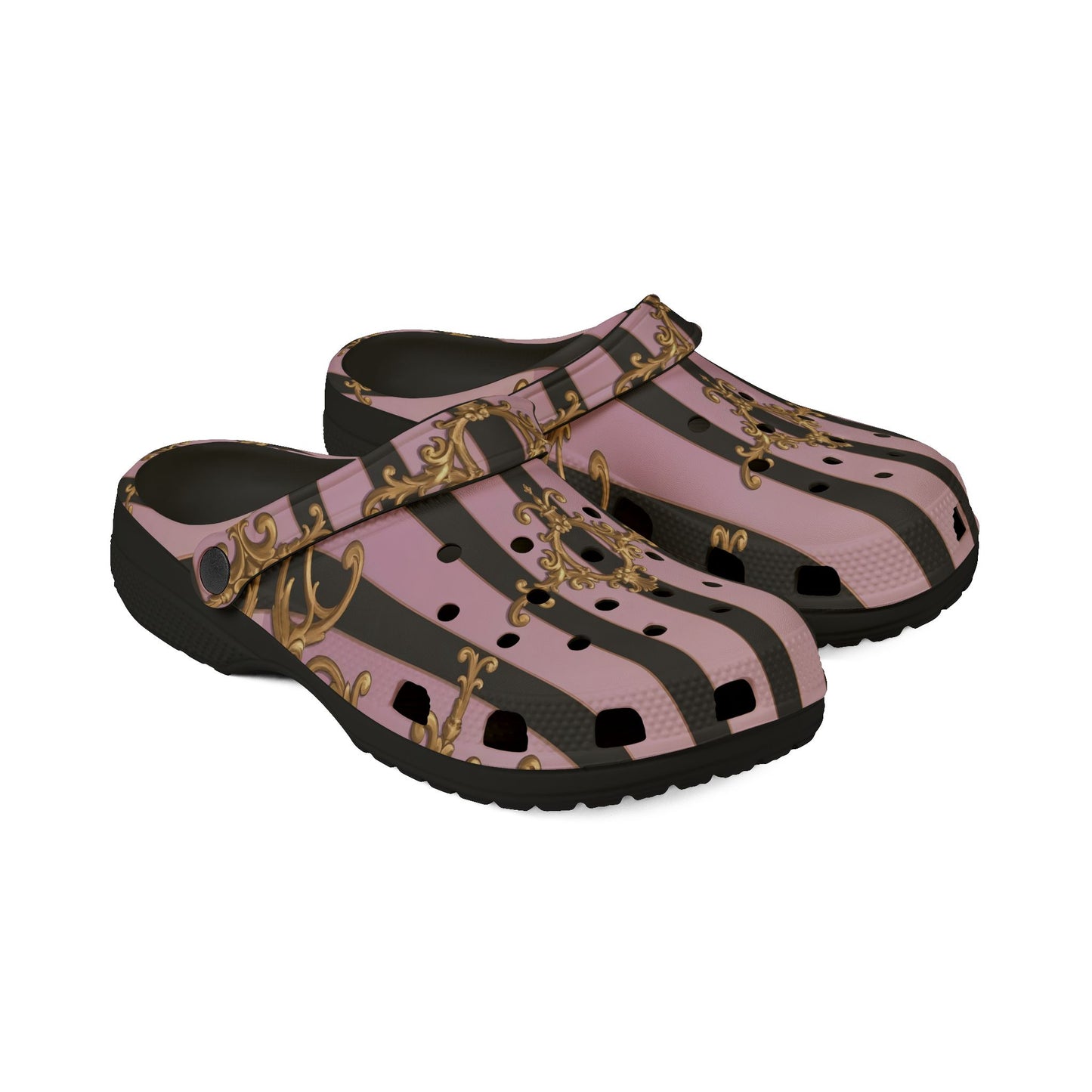 Chic Patterned EVA Foam Clogs, Stylish Garden Shoes, Fun Slip-On Footwear, Trendy Indoor - Matte Lavender & Black Striped Gold Baroque