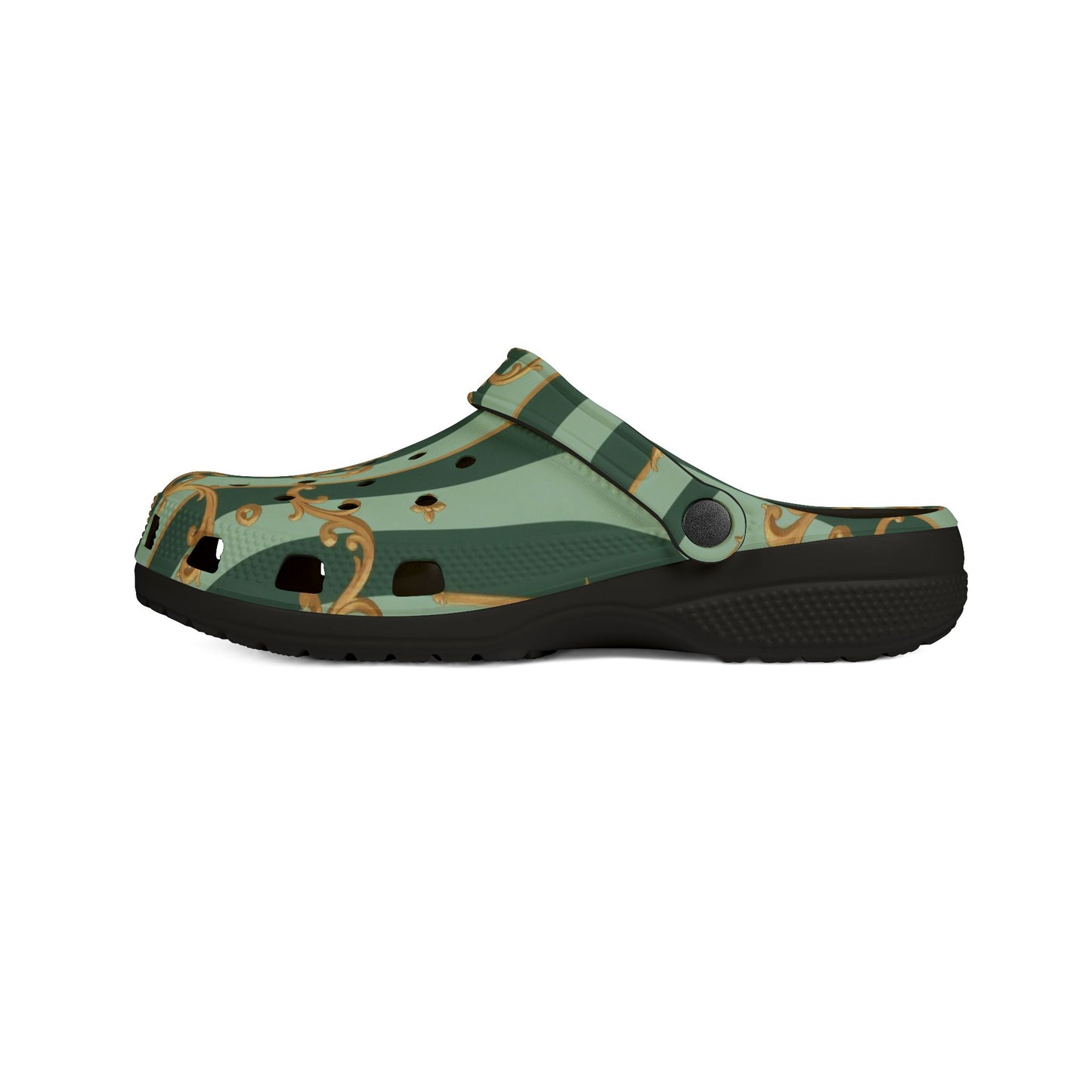 Elegant AOP EVA Foam Clogs - Stylish Garden-Inspired Footwear for Comfort & Trend, Unique Slip-Ons - Mint Green & Teal Striped Gold Baroque