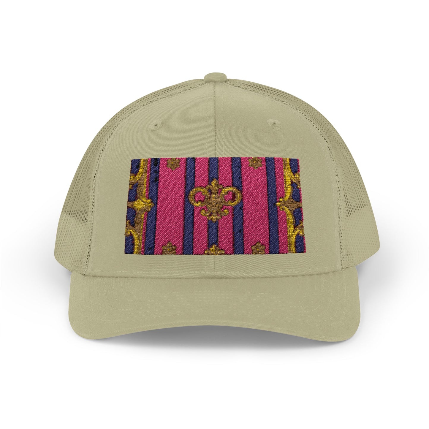 Vibrant Snapback Trucker Cap, Stylish Outdoor Hat, Trendy Fashion Accessory, Gift for Him or Her - Pink Striped Gold Baroque