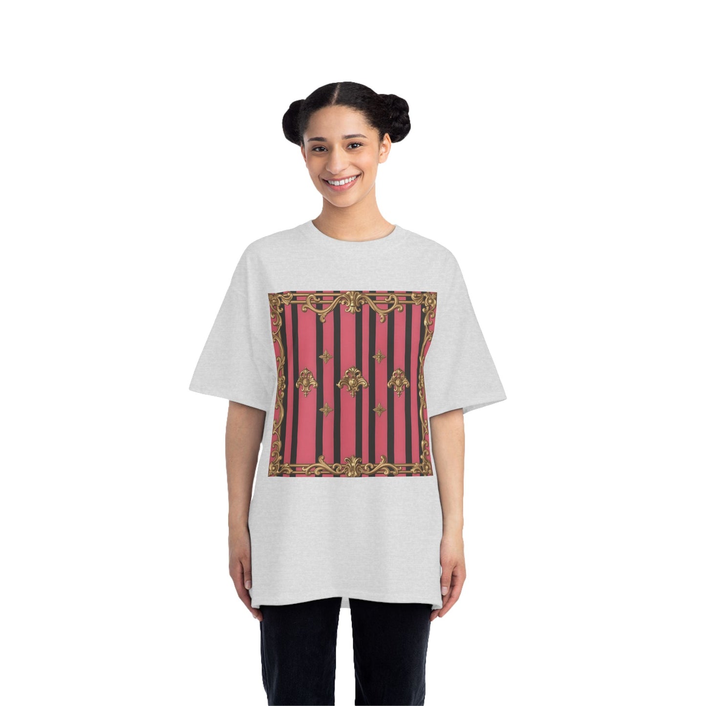 Elegant Baroque Short-Sleeve T-Shirt - Artistic Fashion, Graphics Tee, Unique Gift, Stylish Apparel, Casual Wear - Pink Striped Gold Rococo