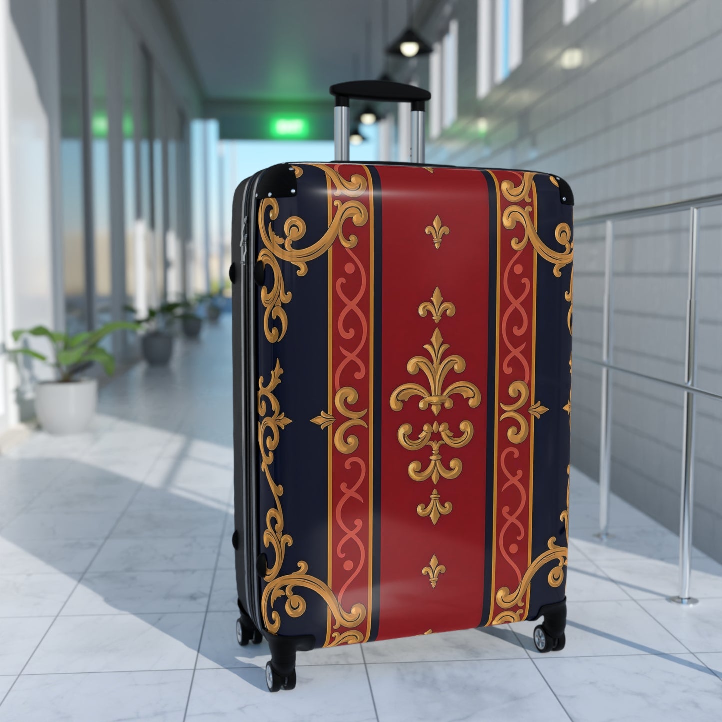 Elegant Travel Suitcase - Stylish Luggage for Jetsetters, Vacationers, Business Travel, Holidays, Gift Idea - Midnight Blue & Dusk Red Gold Baroque