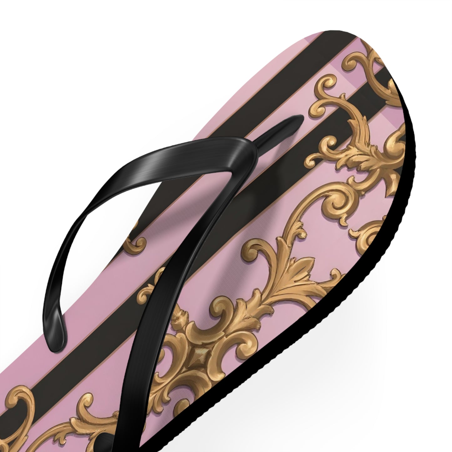 Chic Floral Flip Flops, Summer Sandals, Beach Footwear, Vacation Style, Poolside Essentials - Matte Lavender & Black Striped Gold Baroque