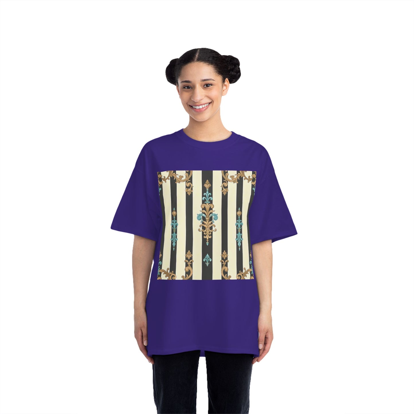 Elegant Floral Pattern Tee, Vintage Style T-Shirt, Gift for Her, Casual Outfit - Black Striped Turquoise & Black Rococo