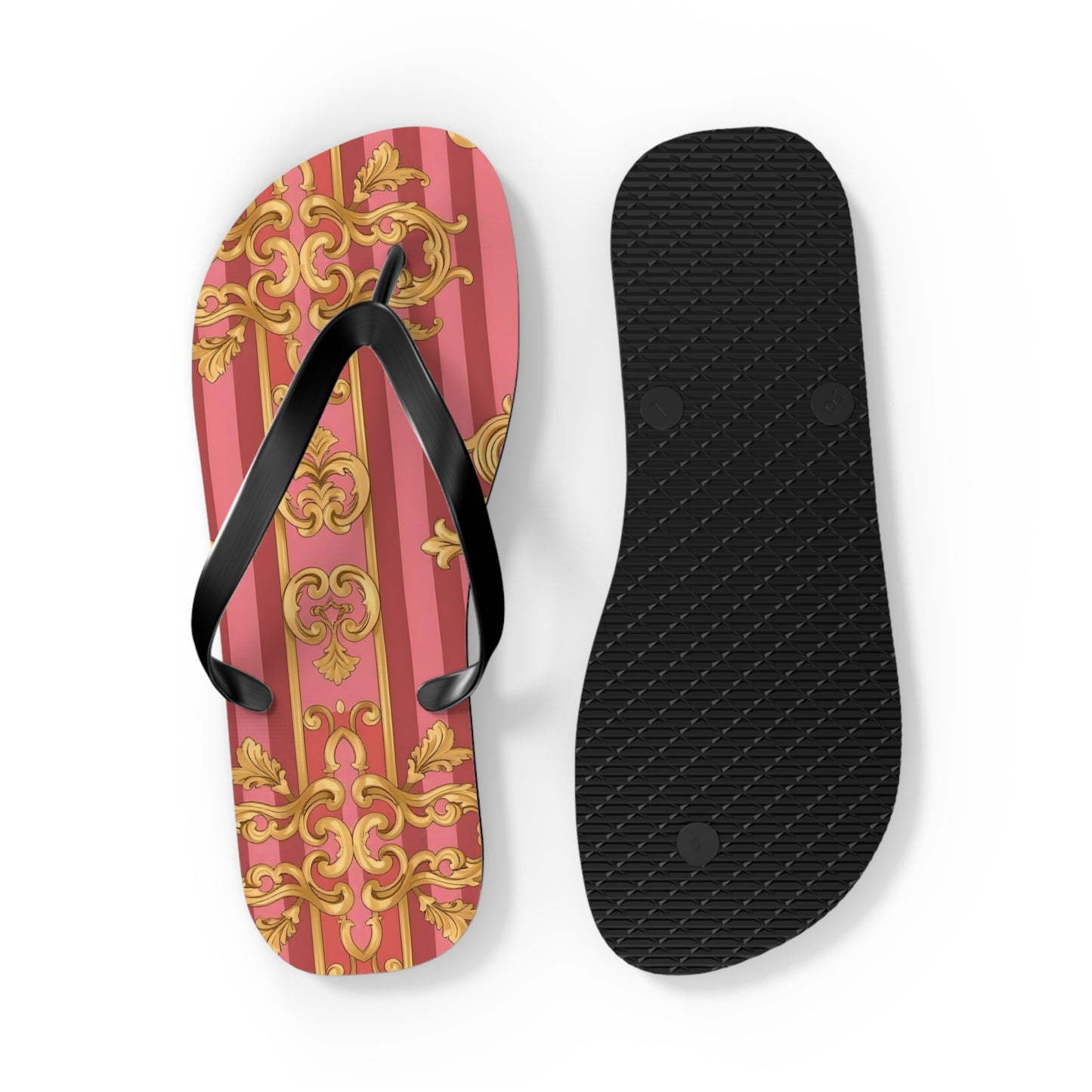 Elegant Floral Flip Flops, Summer Sandals, Beach Accessories, Vacation Footwear, Stylish Slip-Ons - Pink Striped Gold Baroque