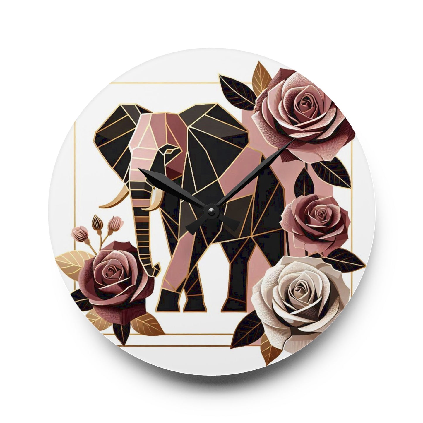 Bohemian Elephant-Inspired Acrylic Wall Clock with Floral Design - Brown & Mauve Elephant & Roses Design