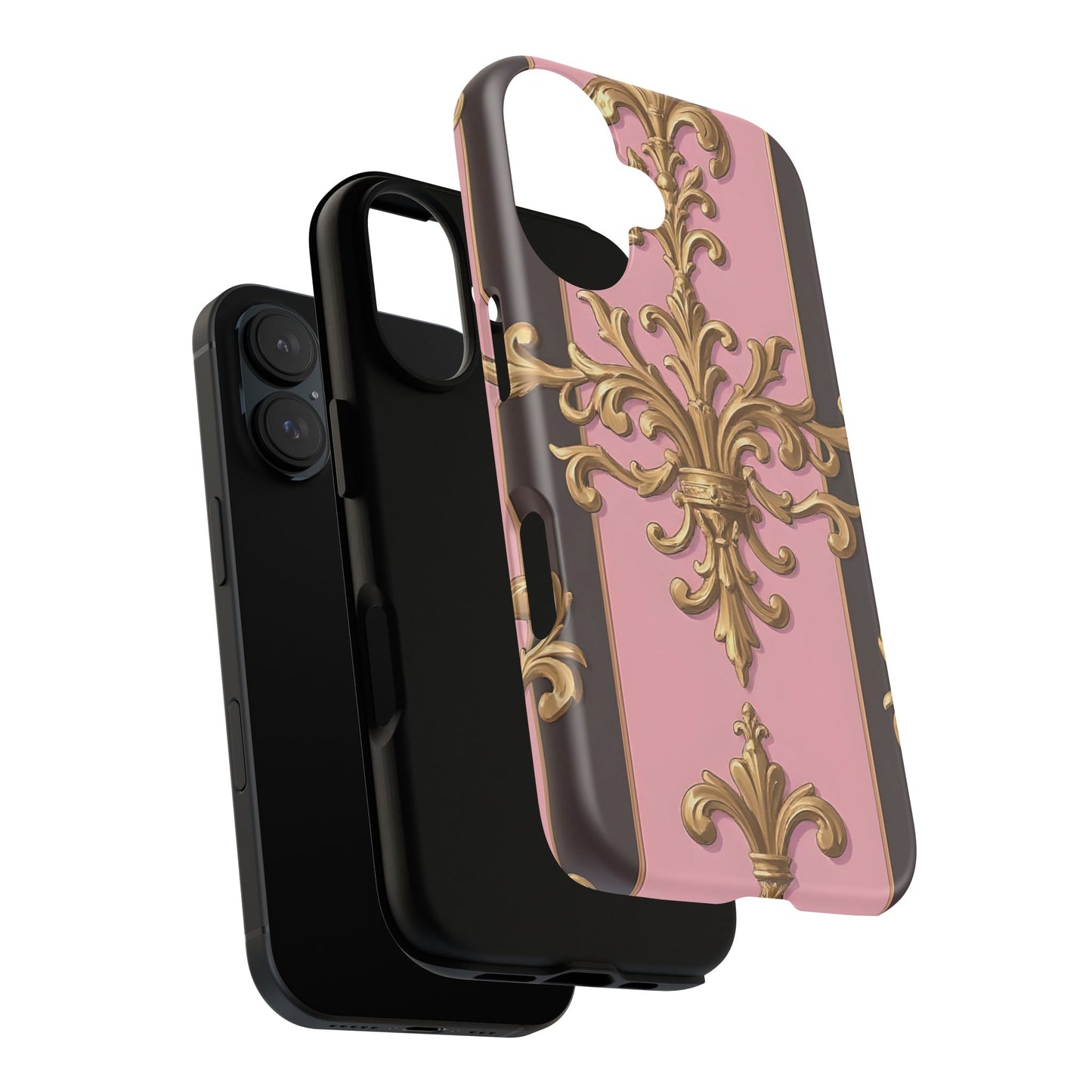 Elegant Floral Motif Phone Case - Tough Cases with Vintage Design - Pink & Brown Striped Gold Damask