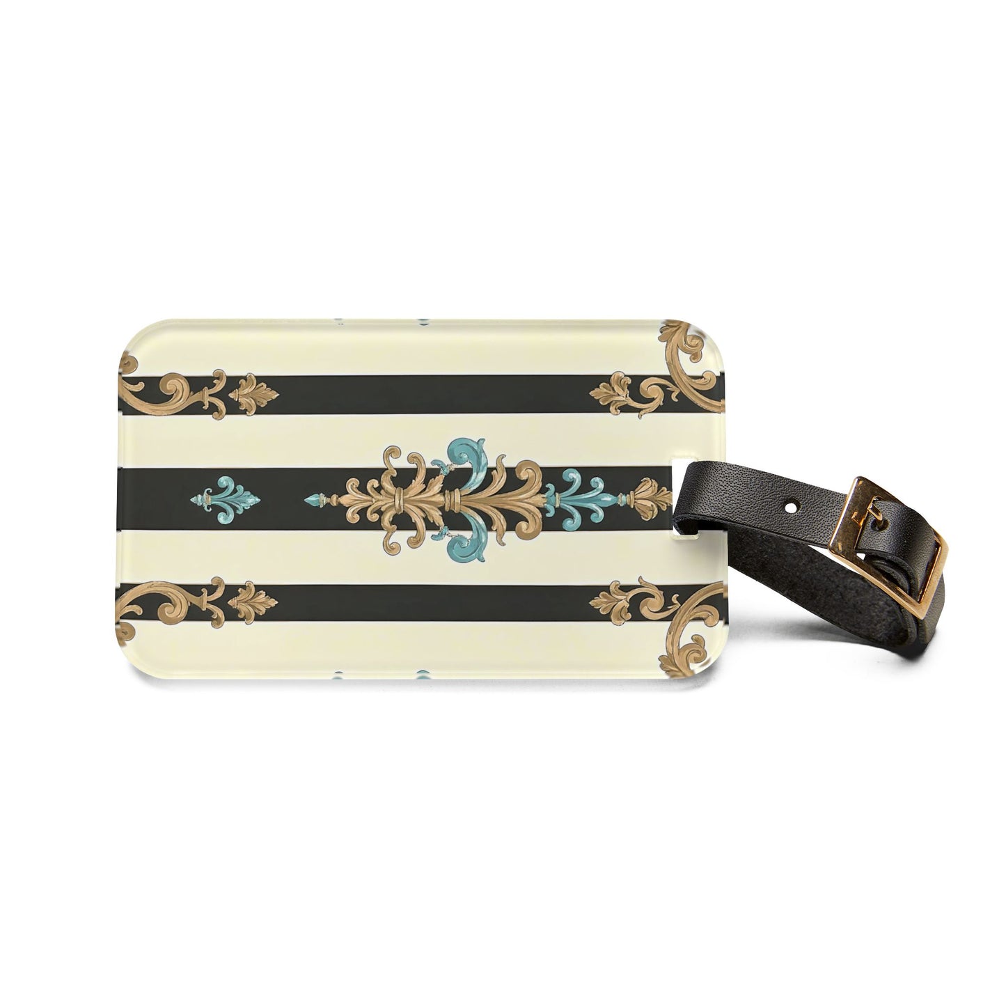 Elegant Vintage Luggage Tag, Travel Accessory, Personalized Baggage Tag, Stylish Suitcase ID - Black Striped Turquoise & Black Rococo