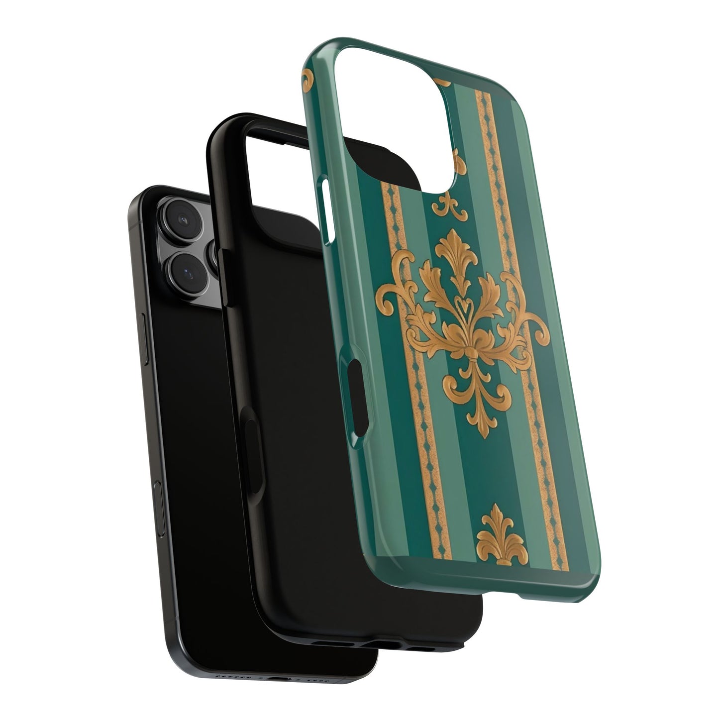 Elegant Floral Motif Phone Case - Tough Cases with Vintage Design - Teal Striped Gold Damask