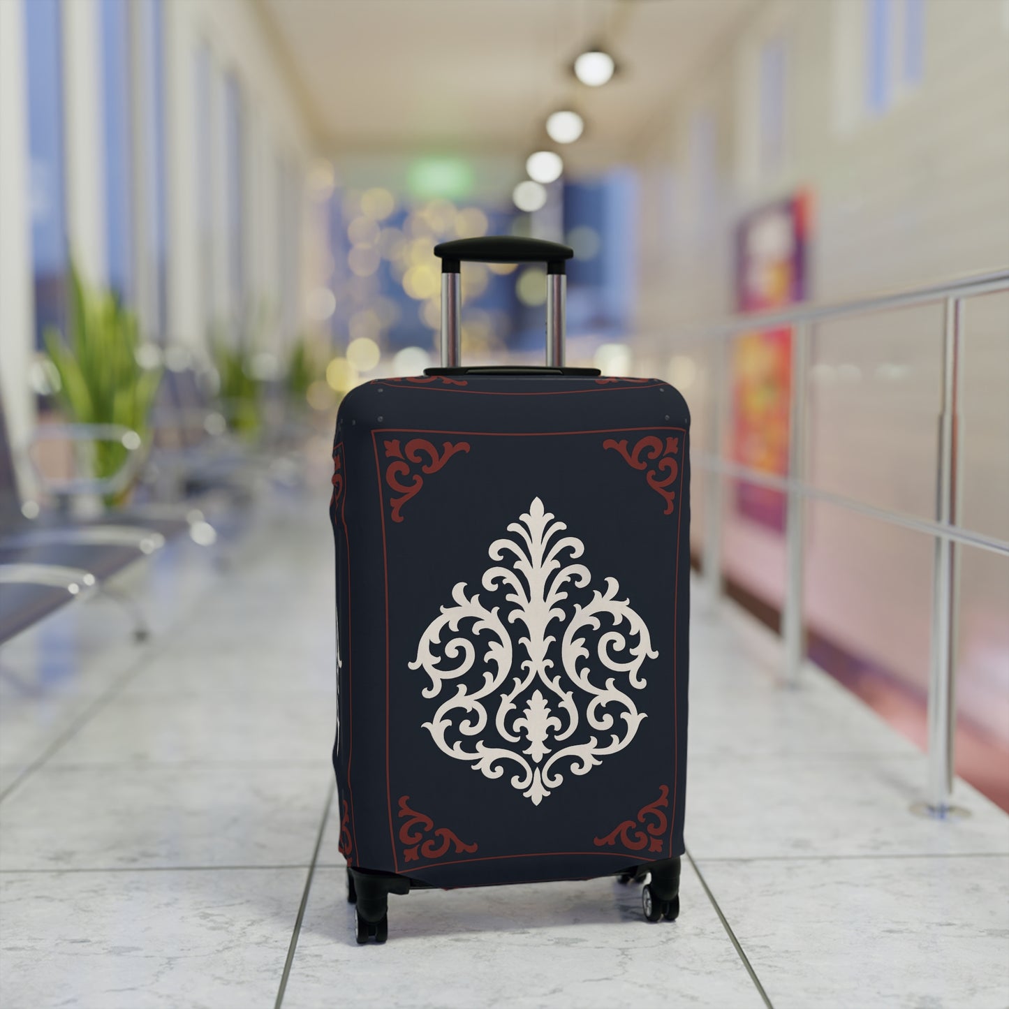 Dusk Blue-Maroon & White Baroque Luggage Cover — Dusk Blue & White Travel Protector