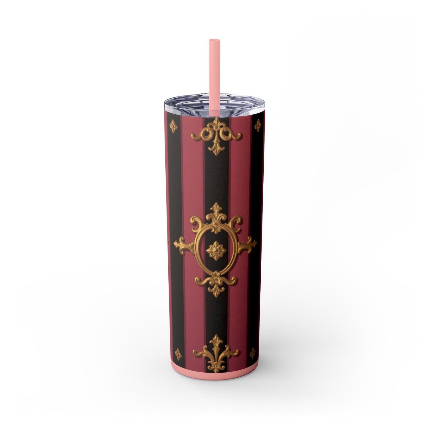 Elegant Black & Mauve Striped Gold Baroque Striped Skinny Tumbler with Straw, 20oz | Vintage Gold Accent Drinkware, Wedding Gift, Party Favor, Travel Mug