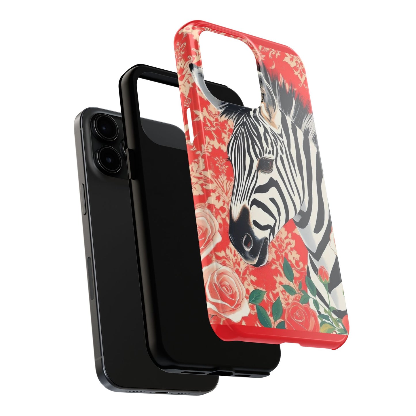 Zebra Tough Phone Case - Trendy Floral Design for Animal Lovers - Zebra With Coral Roses & Damask
