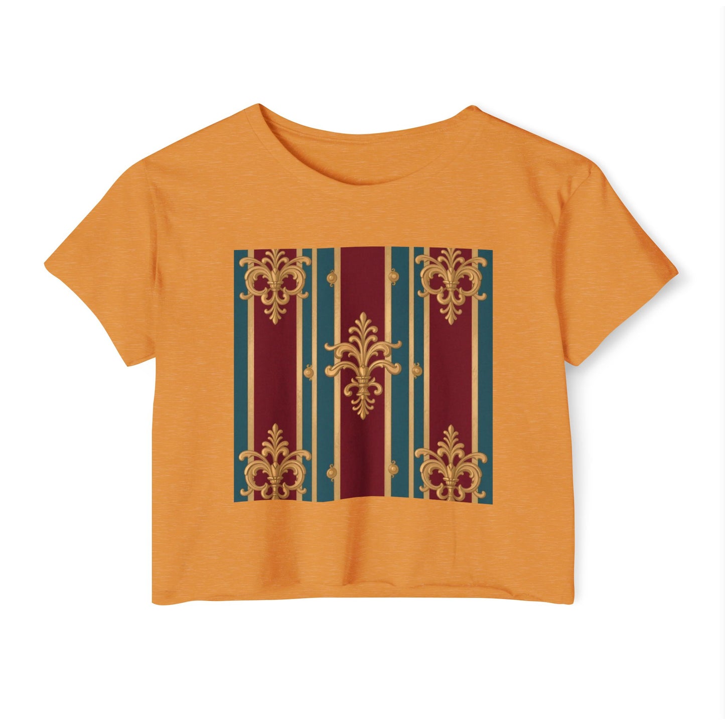 Baroque Chic Festival Crop Top | Women’s Floral Summer Tee, Outdoor Concert Wear, Vacation Top - Burgundy Striped Gold Baroque