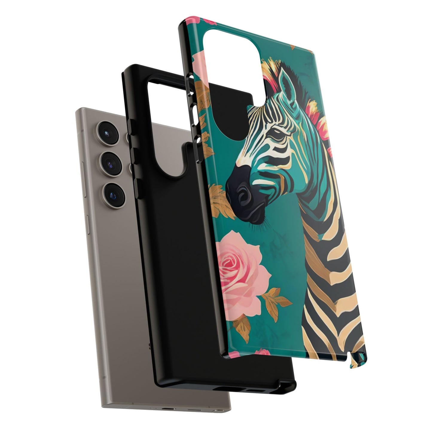 Phone Case - Elegant Teal & Gold Zebra & Roses Design